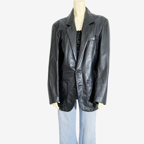 Vintage Black Leather Blazer Coat / size Medium - Picture 1 of 14